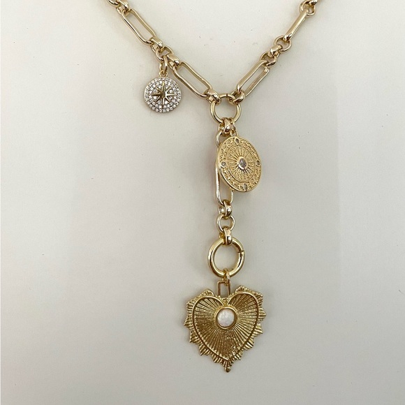 Heart Necklace with Pave Compass Star Charm Medallion - Picture 1 of 3